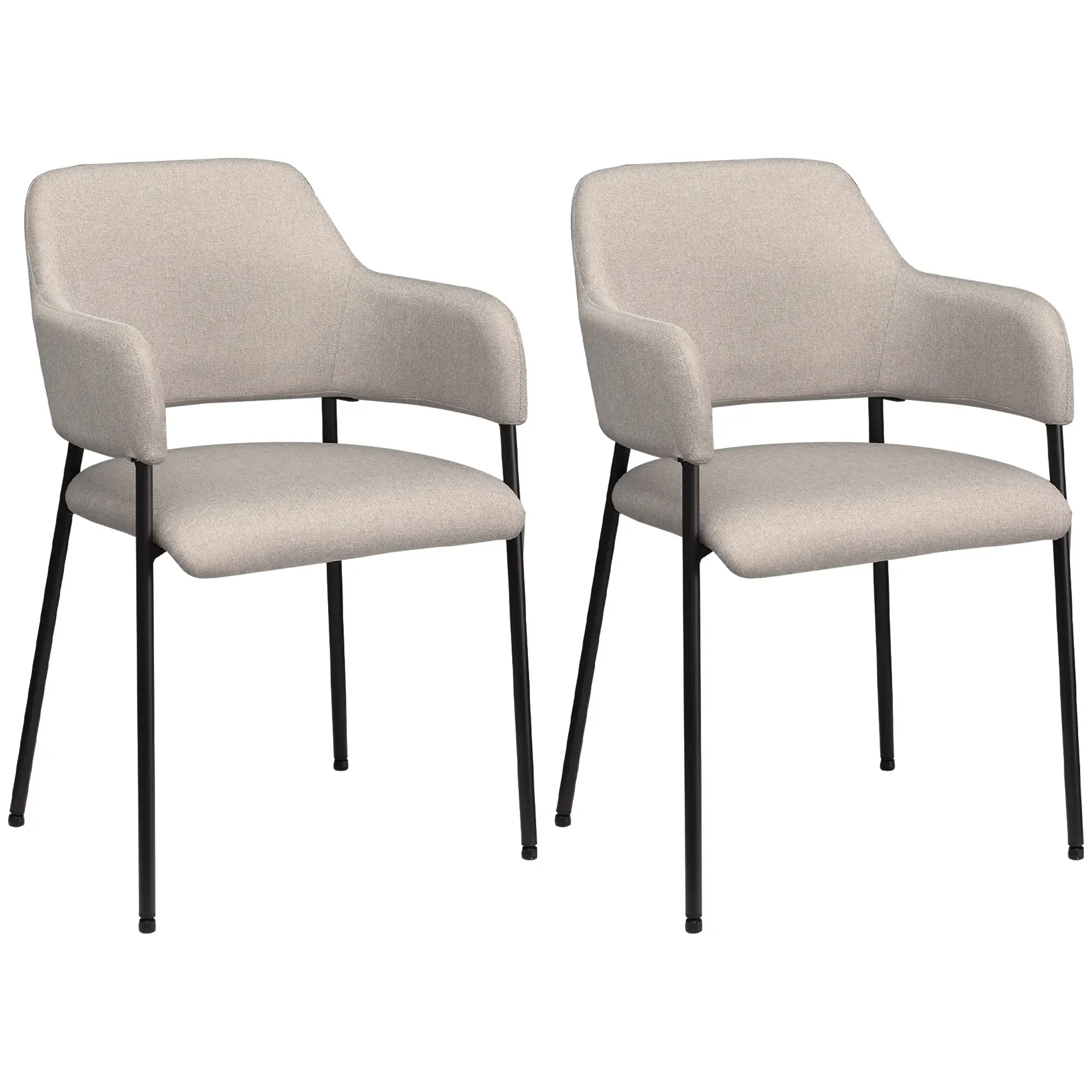 2 matstolar set i linnelook – böjt ryggstöd, armstöd & stålram, beige