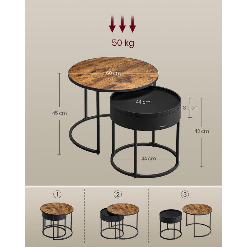 2-pack runt soffbord i vintage stil vintagebrun och svart