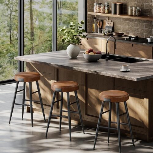 Alternative view of Set med 2 Eleganta Barstolar – Raffinerad Design i Karamellbrunt Syntetläder