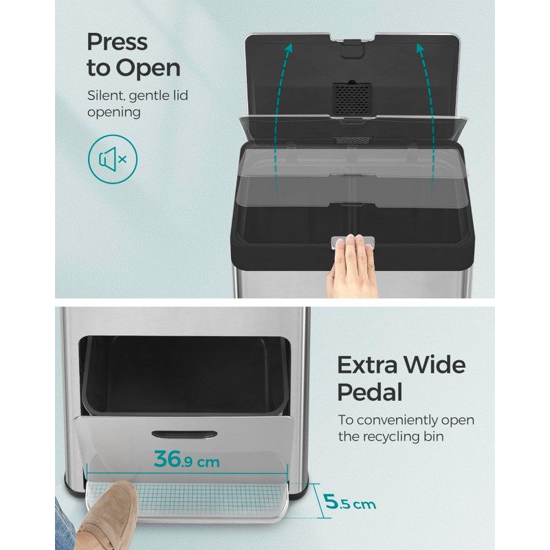 60 L sorteringssoptunna för kök, 3-i-1 med 3 fack – rostfritt stål, 42 × 30 × 81 cm