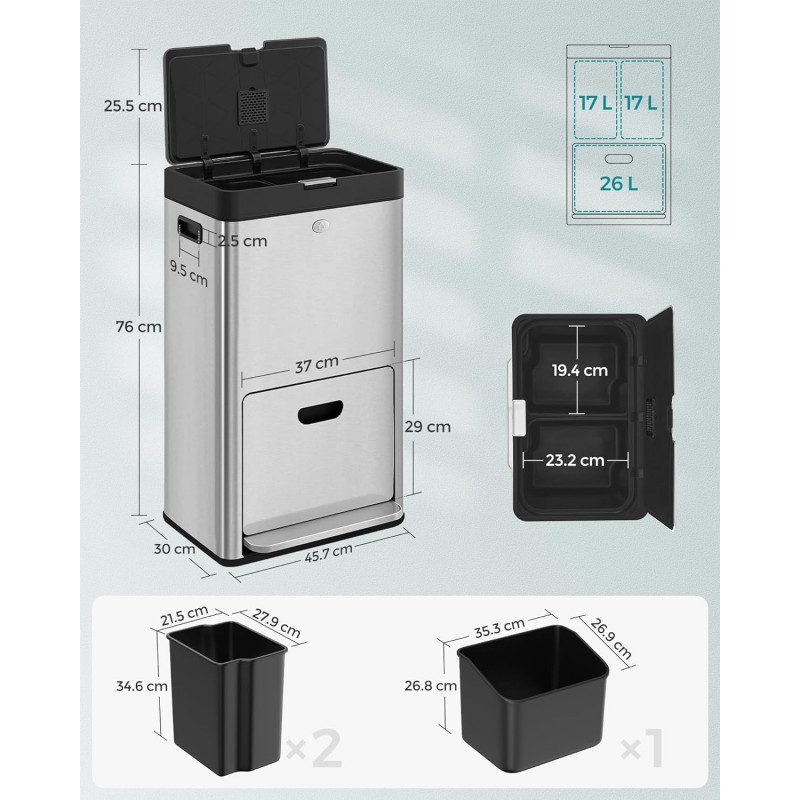 60 L sorteringssoptunna för kök, 3-i-1 med 3 fack – rostfritt stål, 42 × 30 × 81 cm