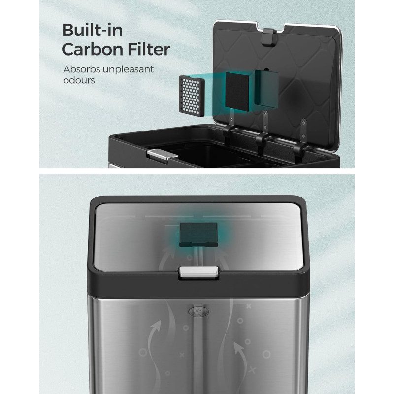 60 L sorteringssoptunna för kök, 3-i-1 med 3 fack – rostfritt stål, 42 × 30 × 81 cm