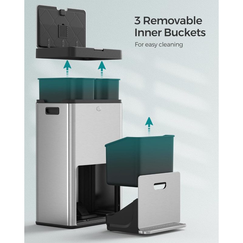 60 L sorteringssoptunna för kök, 3-i-1 med 3 fack – rostfritt stål, 42 × 30 × 81 cm