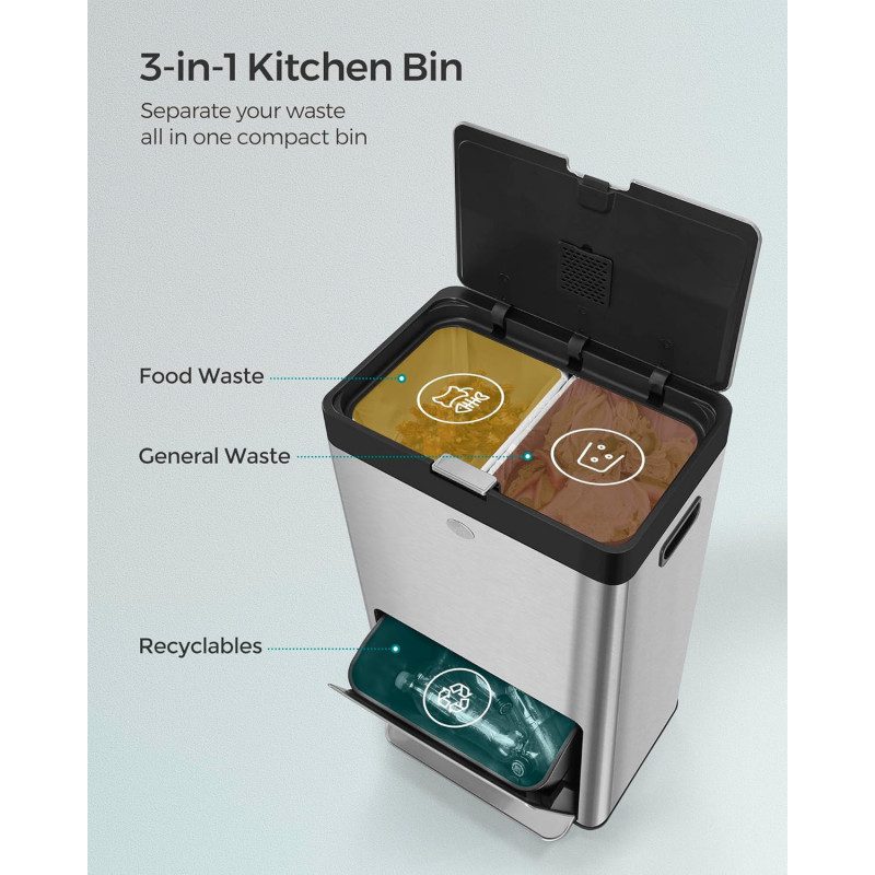 60 L sorteringssoptunna för kök, 3-i-1 med 3 fack – rostfritt stål, 42 × 30 × 81 cm