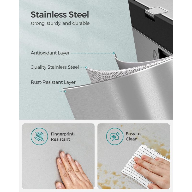 60 L sorteringssoptunna för kök, 3-i-1 med 3 fack – rostfritt stål, 42 × 30 × 81 cm