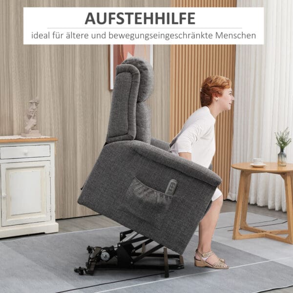 Elektrisk vilfåtölj med ståhjälp och full recline – grå linnelook, fjärrstyrd komfort för maximal avkoppling - Bild 4