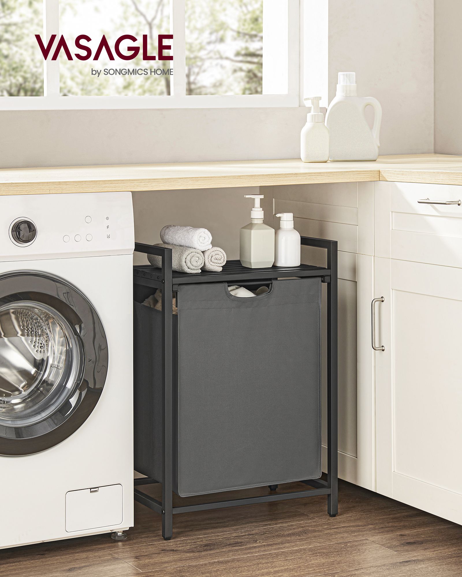 Tvättställ med hylla och tvättpåse, 65 L, 50 × 33 × 72 cm – svart/grå