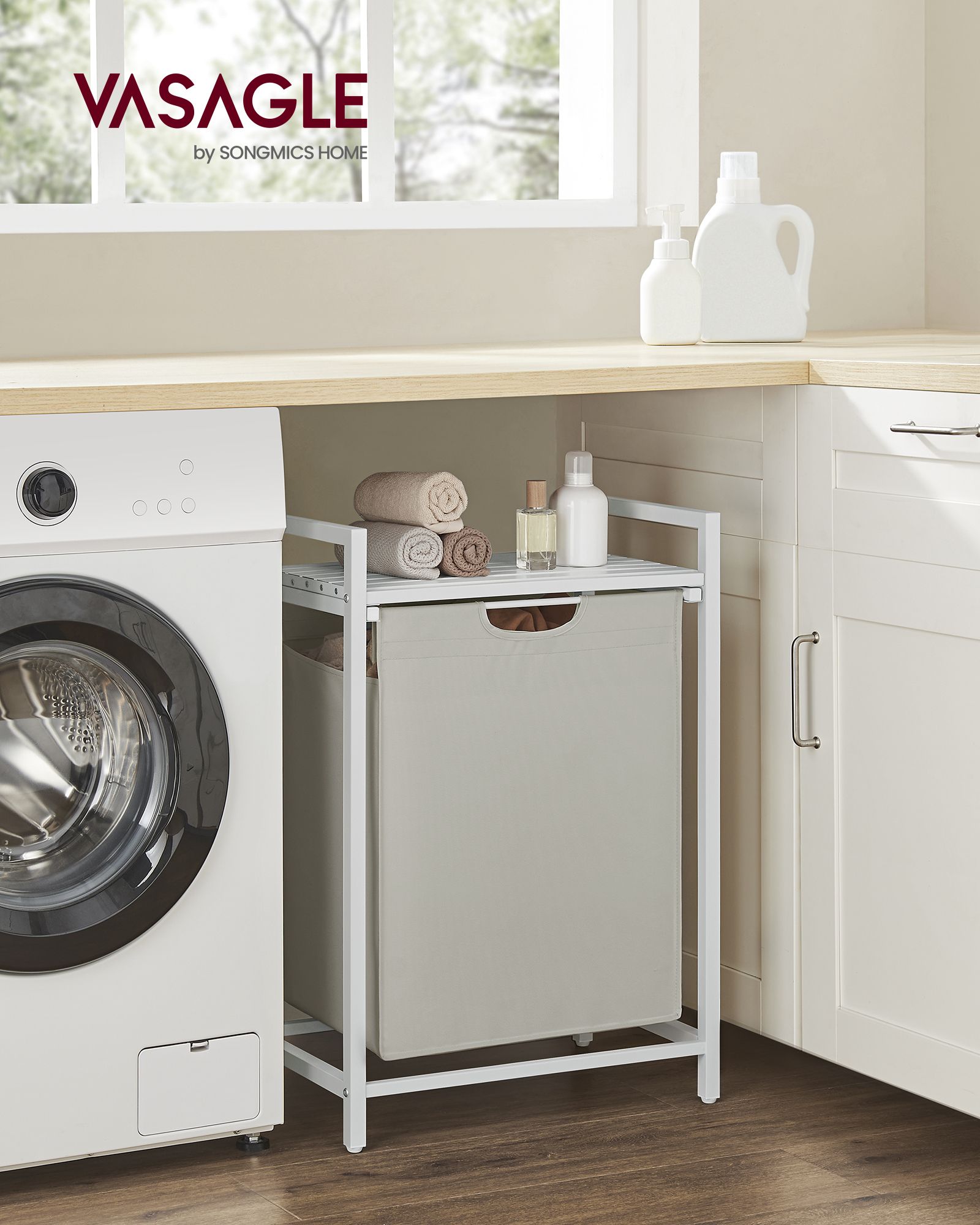 Tvättkorg 65 L med förvaringshylla, 50 × 33 × 72 cm – vit och grå