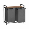 Tvättkorg med ställ och dubbla fack, 2 x 46 L – 73 x 33 x 72 cm, grå