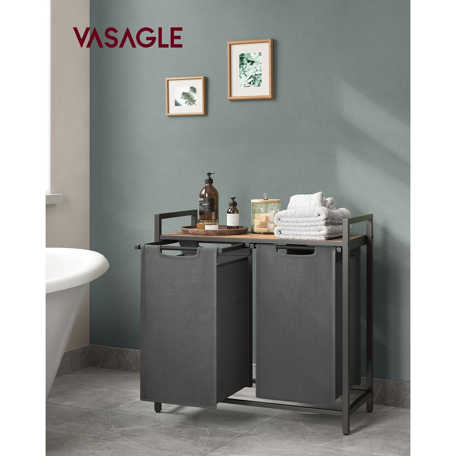 Tvättkorg med ställ och dubbla fack, 2 x 46 L – 73 x 33 x 72 cm, grå