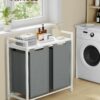 Tvättkorg med ställ och dubbla fack, 2 x 46 L – 73 x 33 x 72 cm, vit/grå