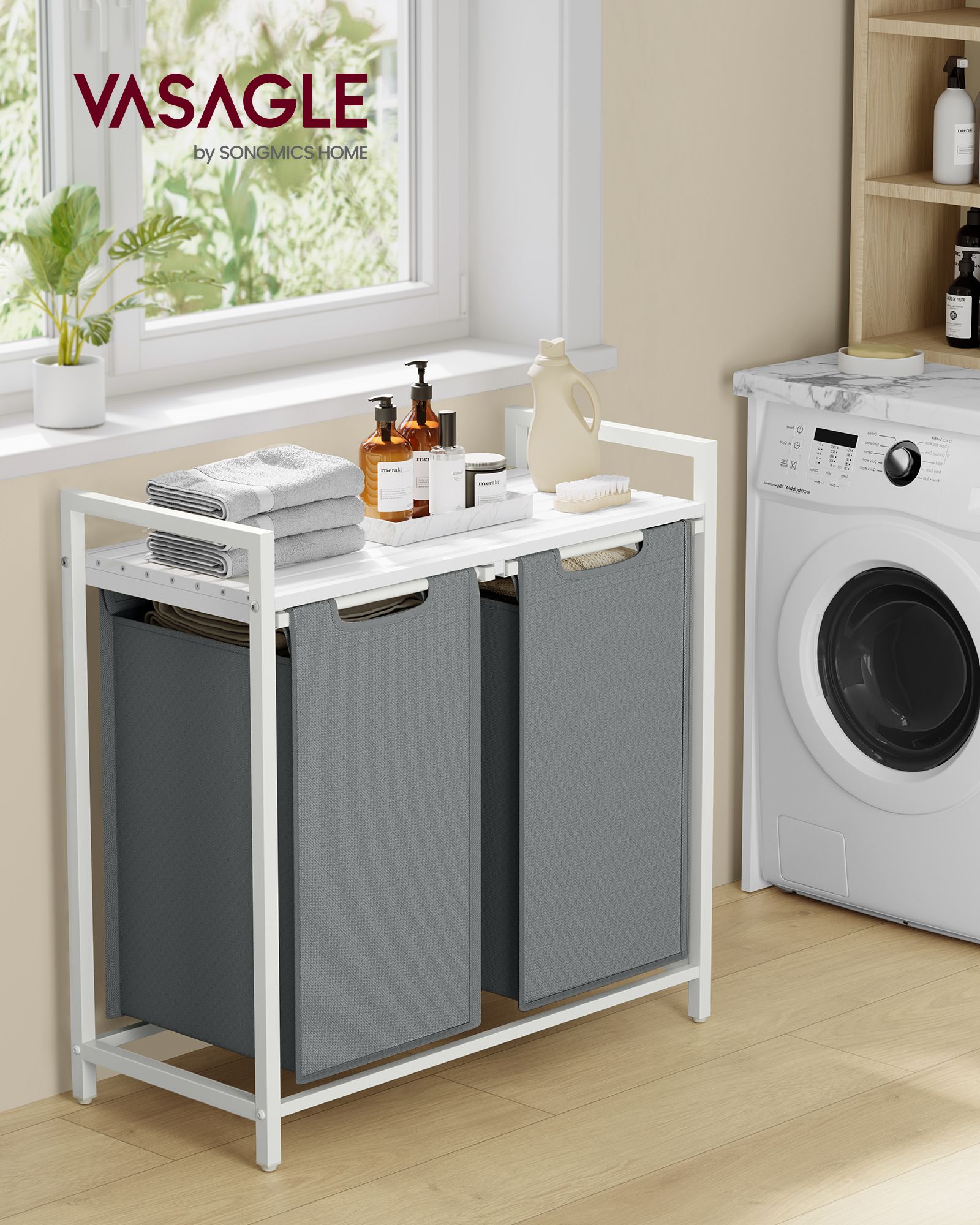 Tvättkorg med ställ och dubbla fack, 2 x 46 L – 73 x 33 x 72 cm, vit/grå