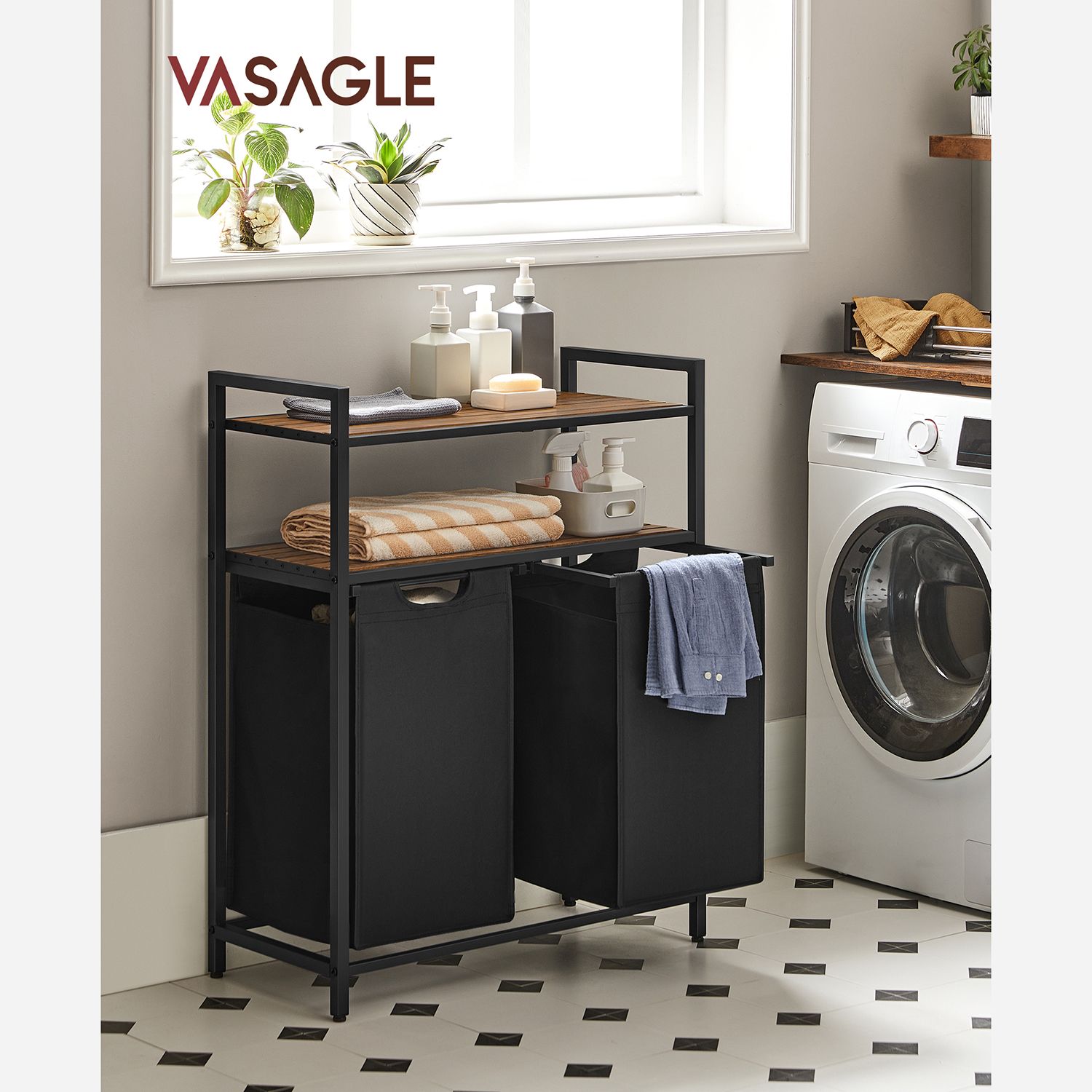 Tvättställ med 2 tvättkorgar och 2 hyllor – 73×33×91 cm