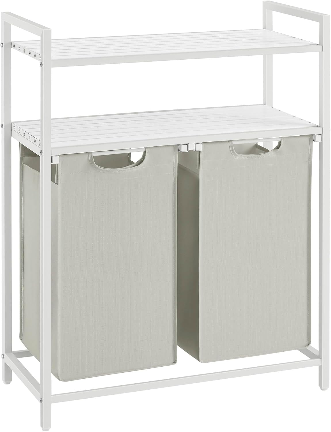 Tvättkorgsställ i vit med 2 sorteringsfack och 2 hyllor – 73 × 33 × 92 cm