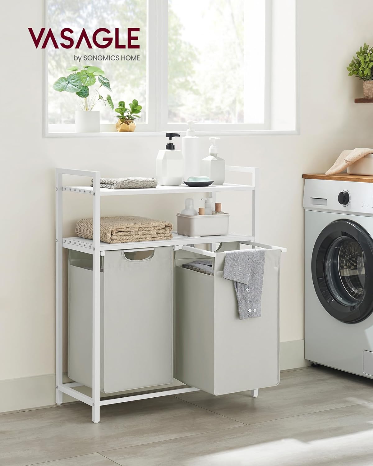 Tvättkorgsställ i vit med 2 sorteringsfack och 2 hyllor – 73 × 33 × 92 cm