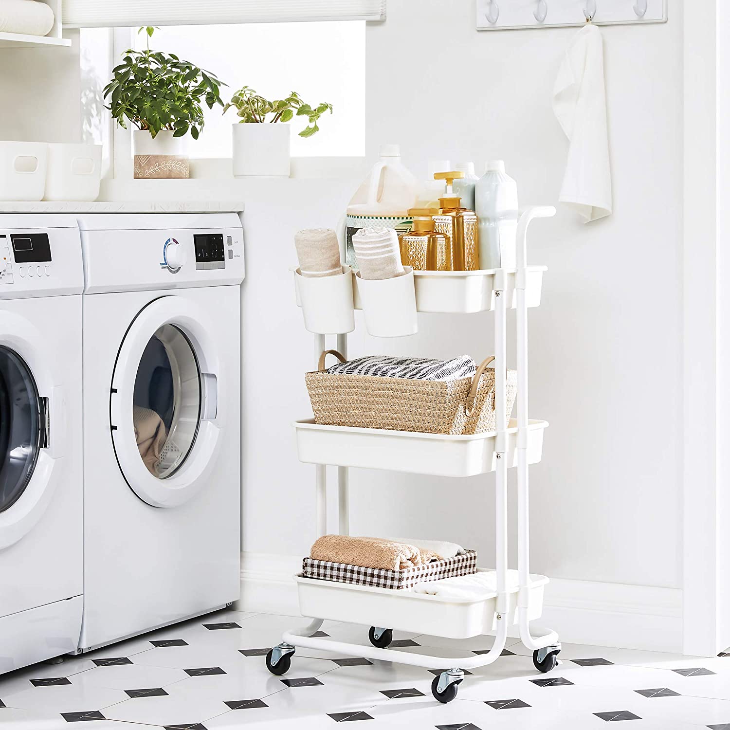 Vit rullvagn med 3 hyllplan och handtag – multifunktionell