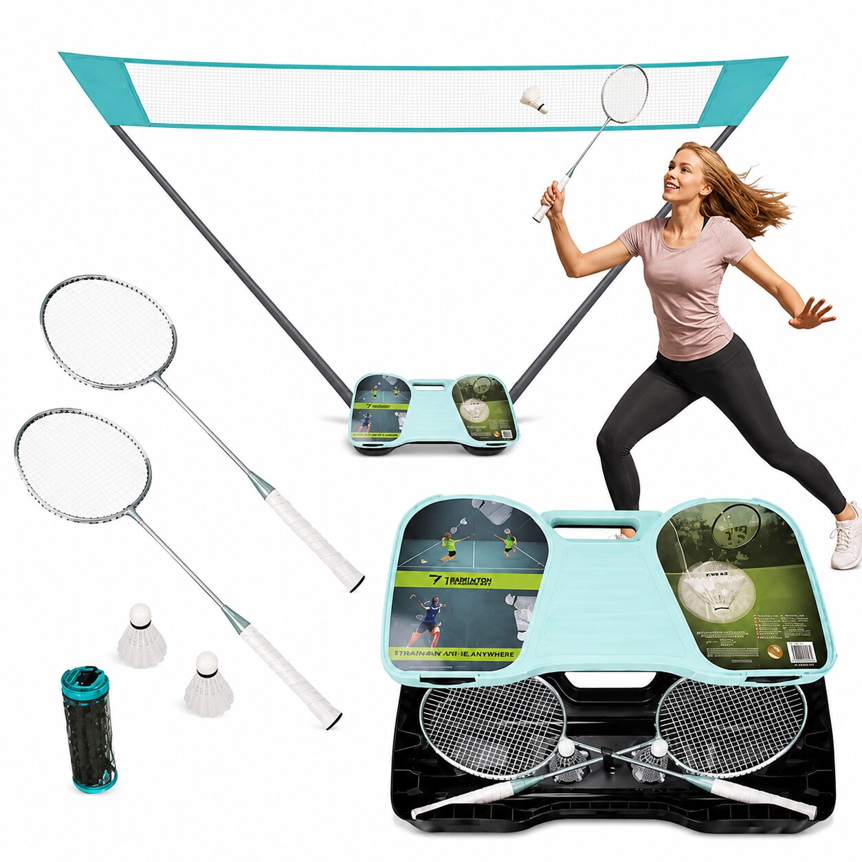 Badmintonset med Nät – 2 Racketar, 2 Fjäderbollar & Förvaringsväska