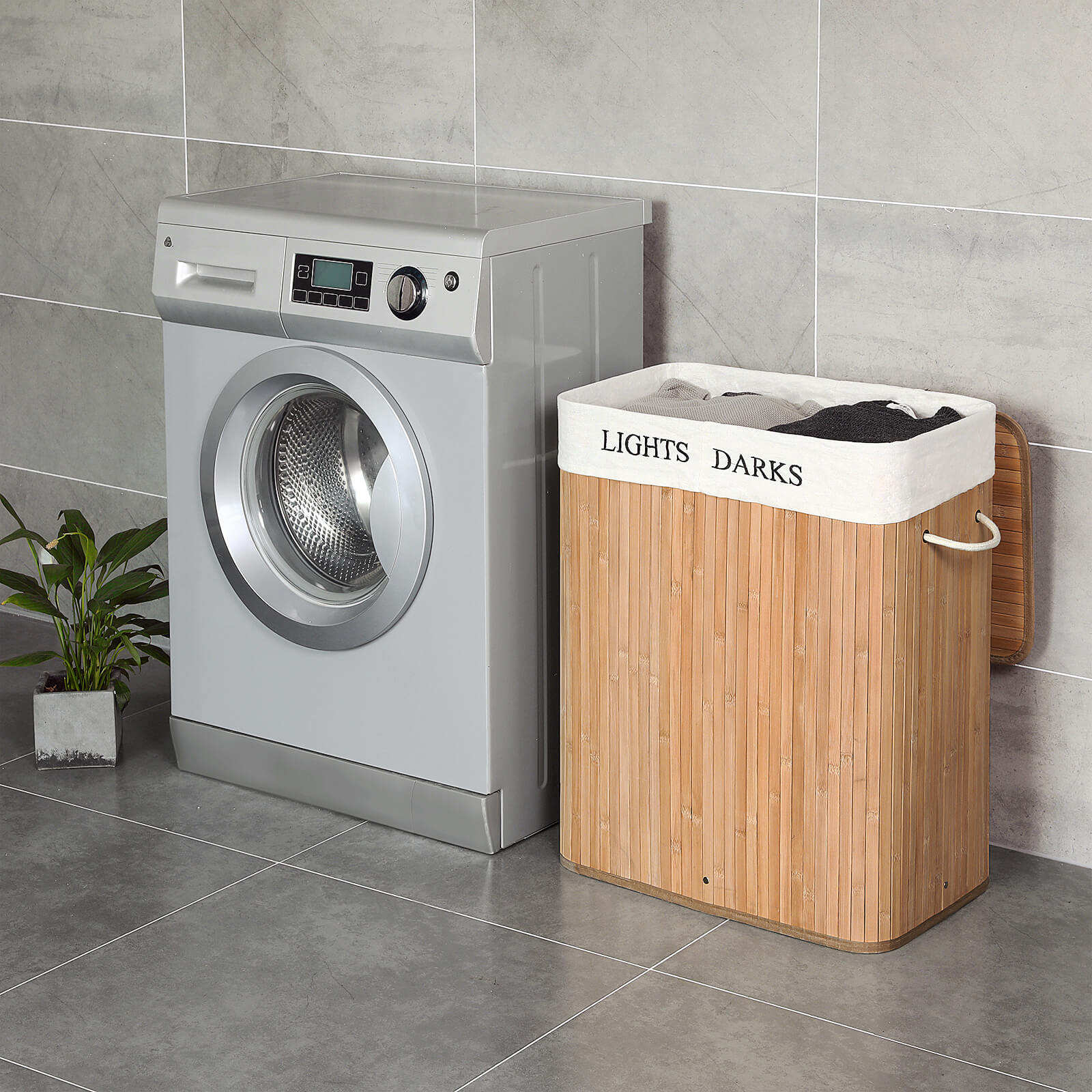 Stor tvättkorg i bambu 100 L – 2 fack, avtagbar och tvättbar innerpåse
