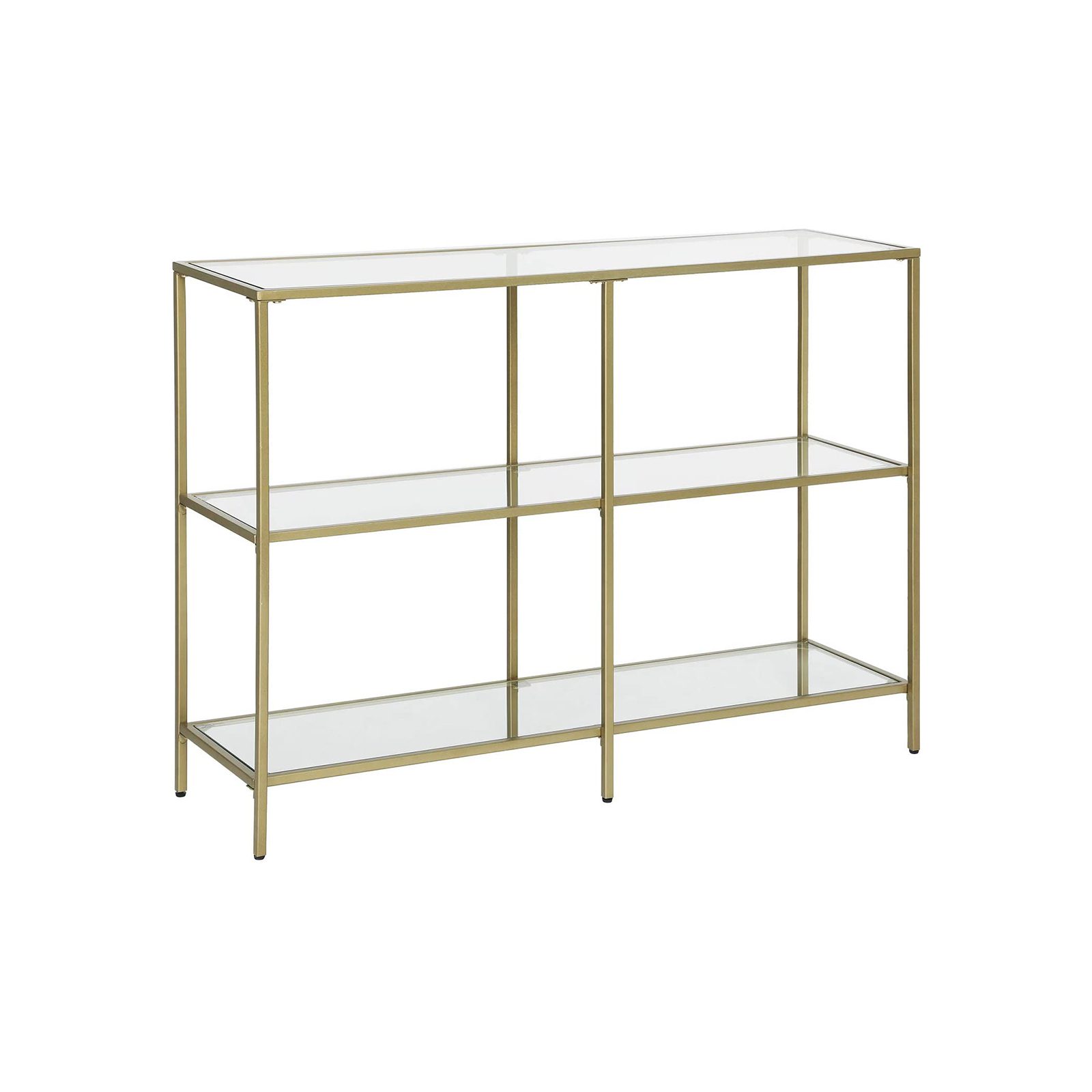 Elegant konsolbord guld – 3 hyllplan i glas, 100×30×73 cm