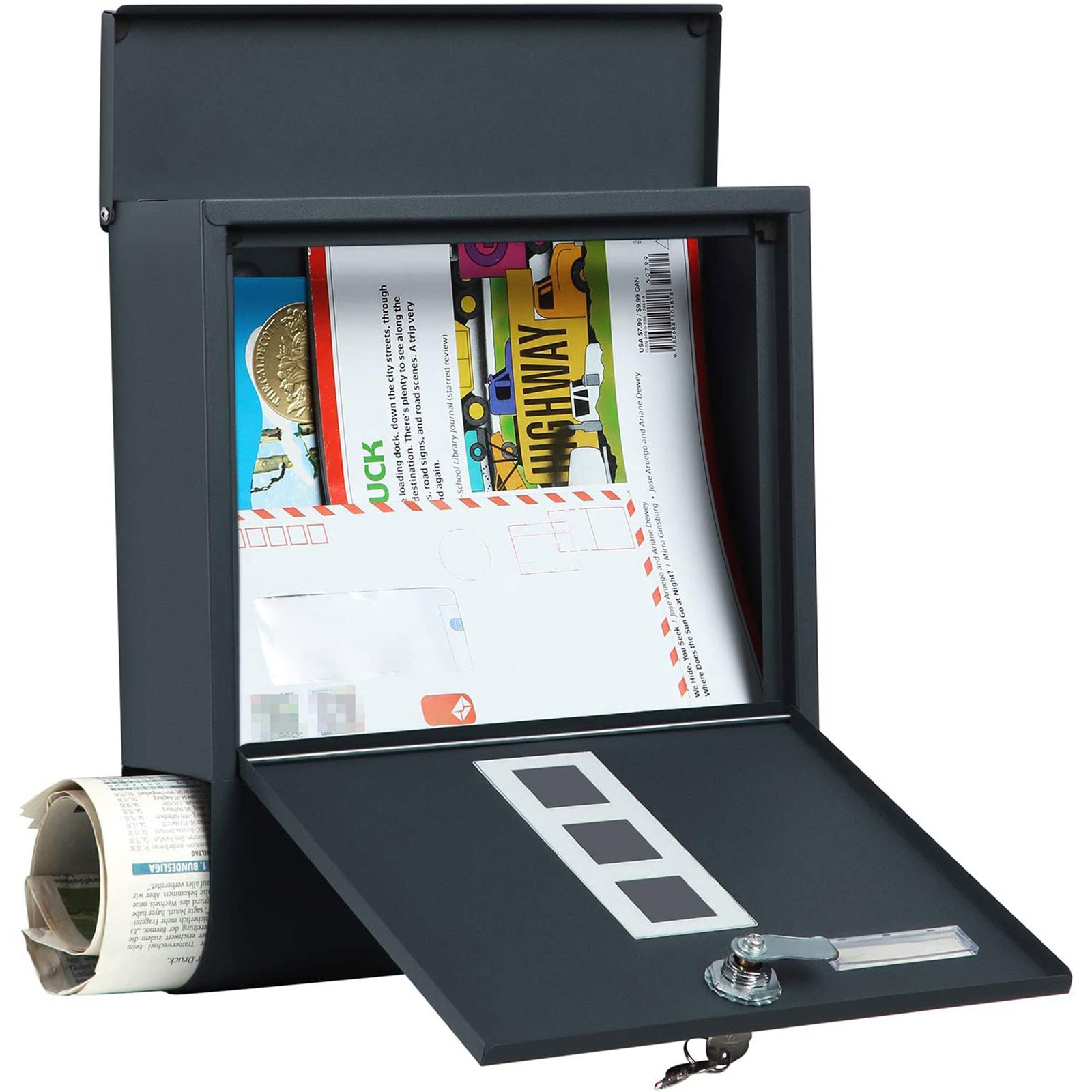 Grå brevlåda i metall med lås – 30,5 x 9,5 x 33,3 cm