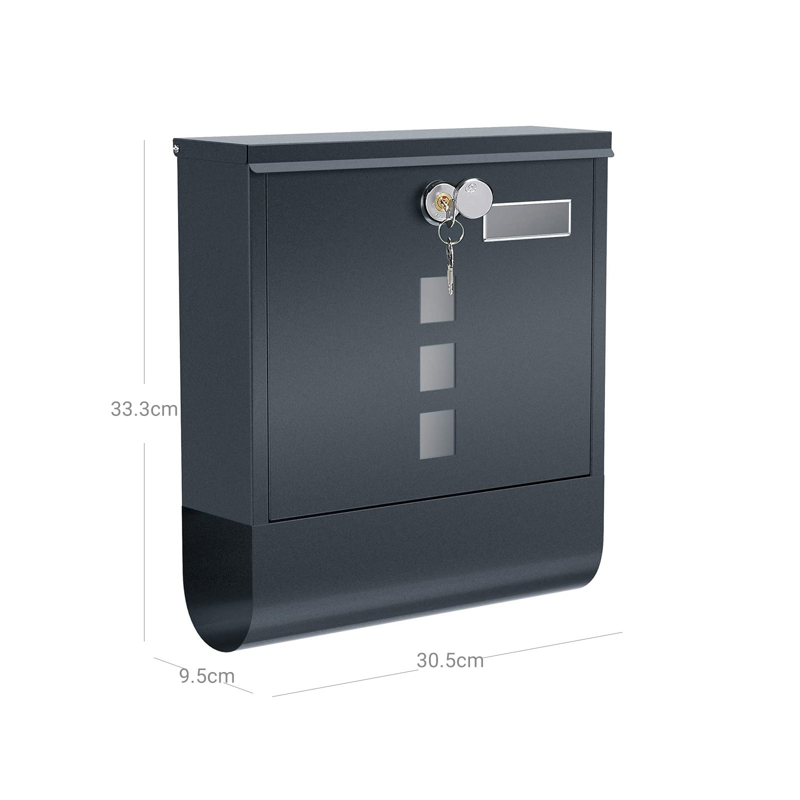 Grå brevlåda i metall med lås – 30,5 x 9,5 x 33,3 cm