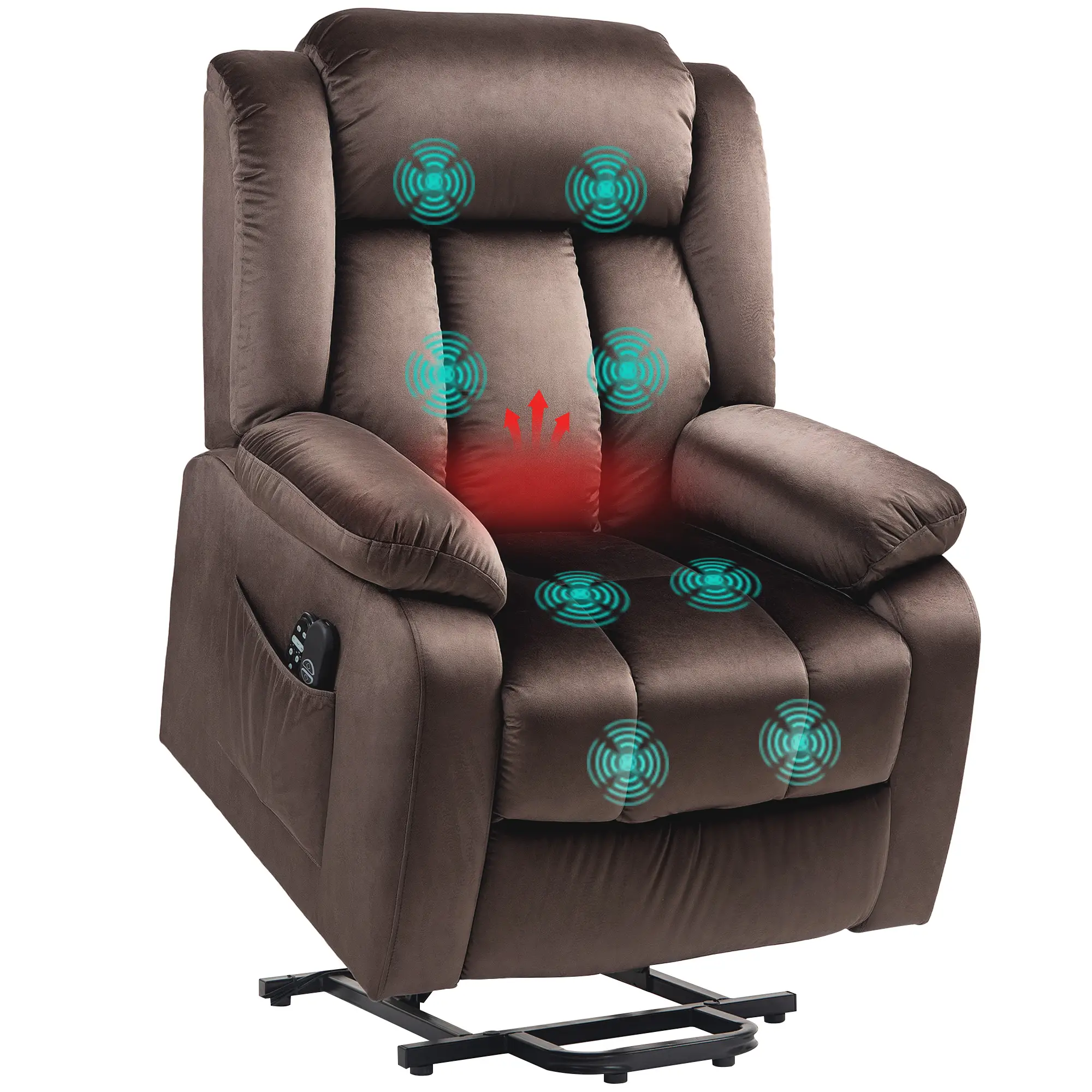 Fåtölj med massagefunktion och ländryggsvärme, Fåtölj med fjärrkontroller och sidofickor, Brun