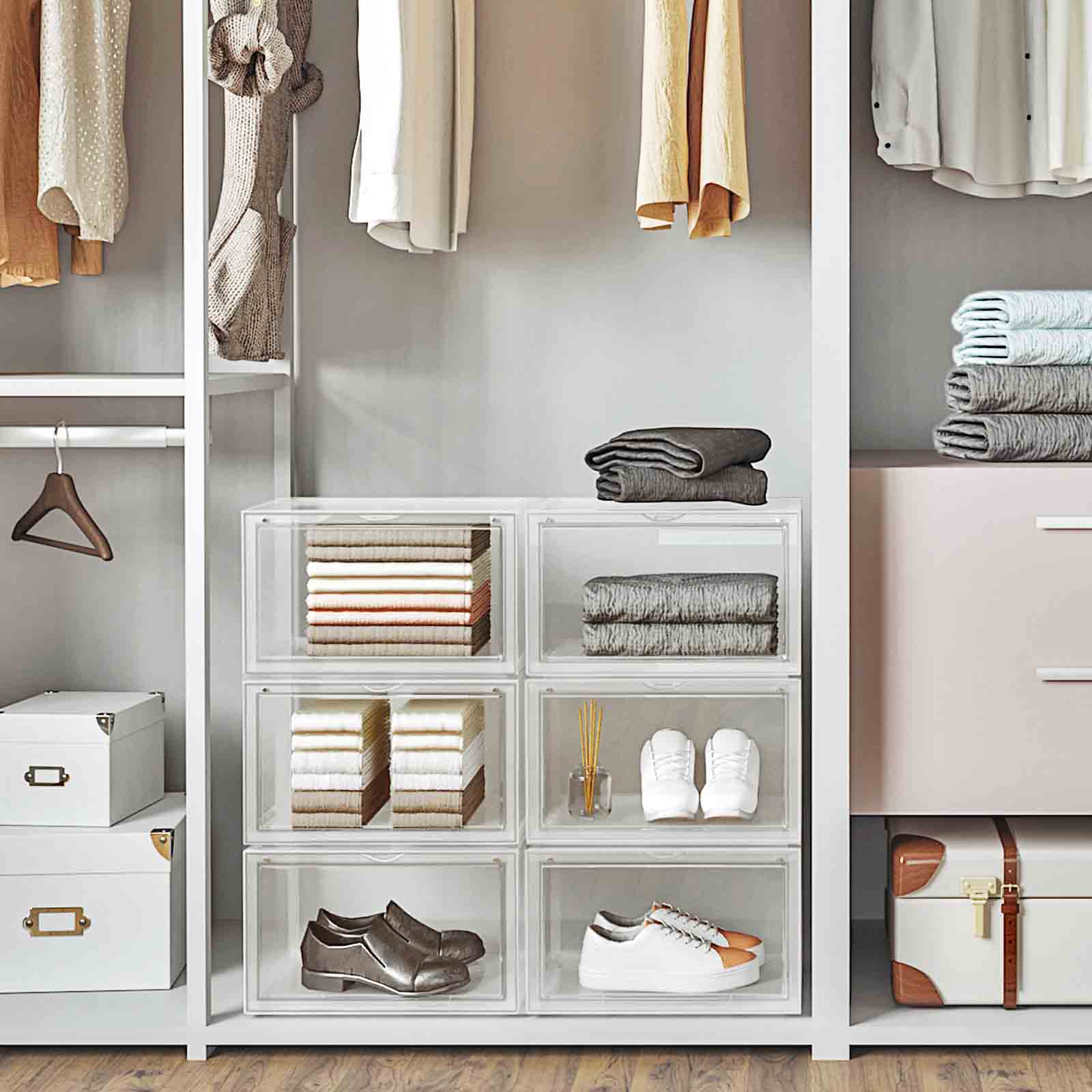 Stapelbara förvaringslådor med dörr, 6 st – 36×28×22 cm, transparenta