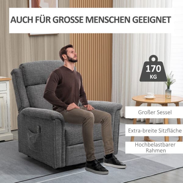 Elektrisk vilfåtölj med ståhjälp och full recline – grå linnelook, fjärrstyrd komfort för maximal avkoppling - Bild 7