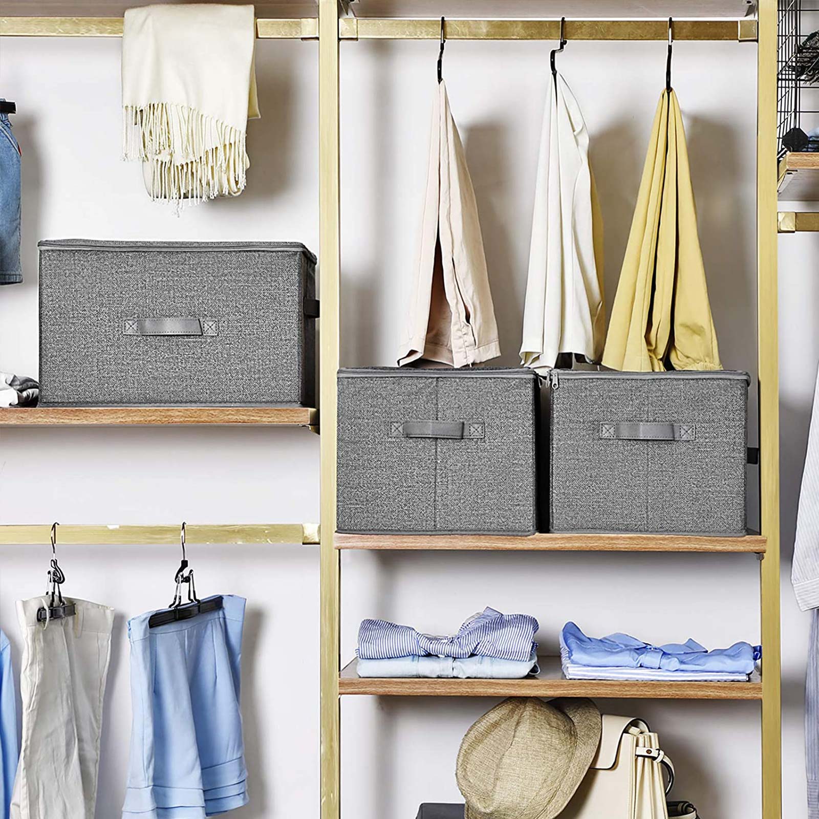 Förvaringslådor tyg 3-pack med lock och dragkedja – grå, 40 × 30 × 25 cm