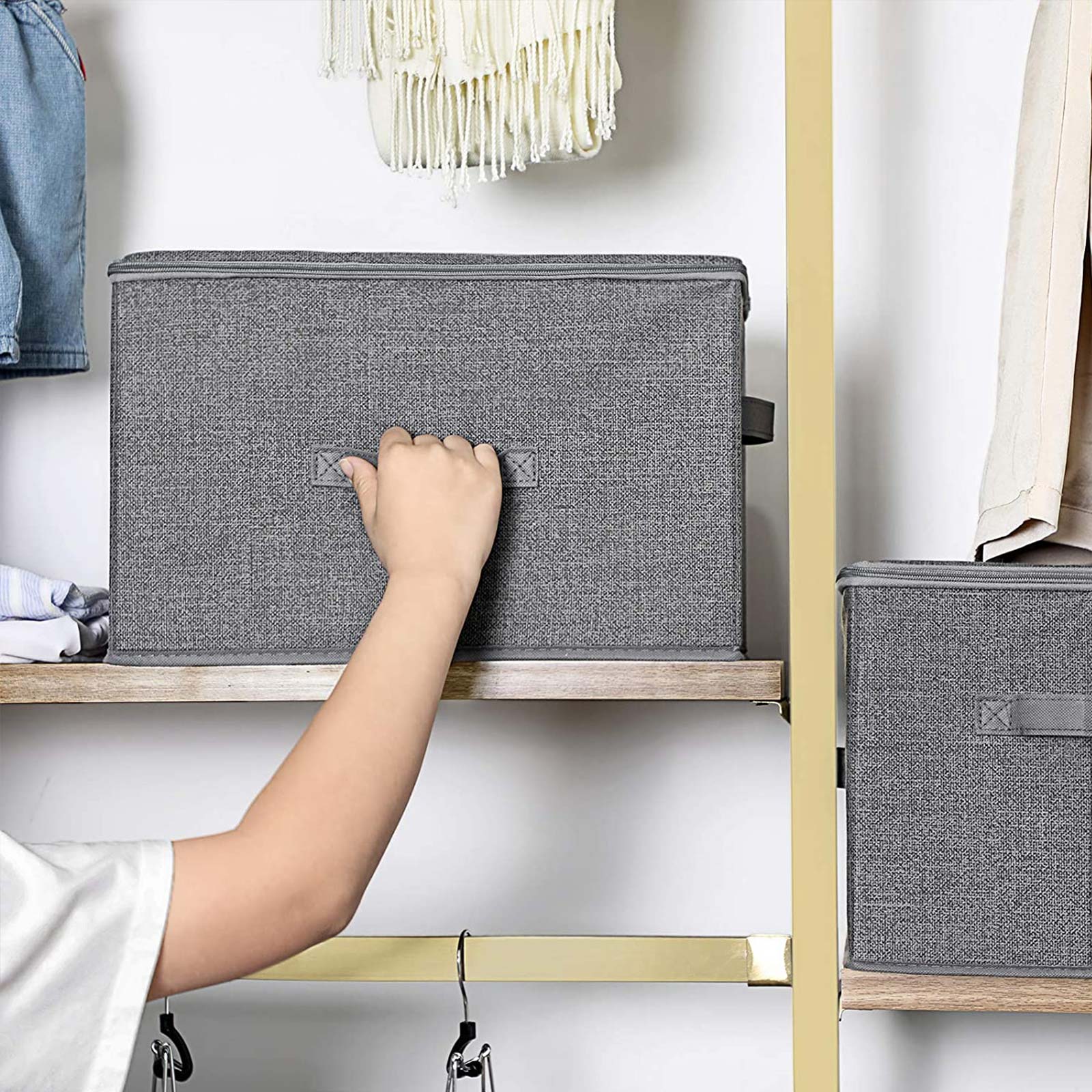 Förvaringslådor tyg 3-pack med lock och dragkedja – grå, 40 × 30 × 25 cm