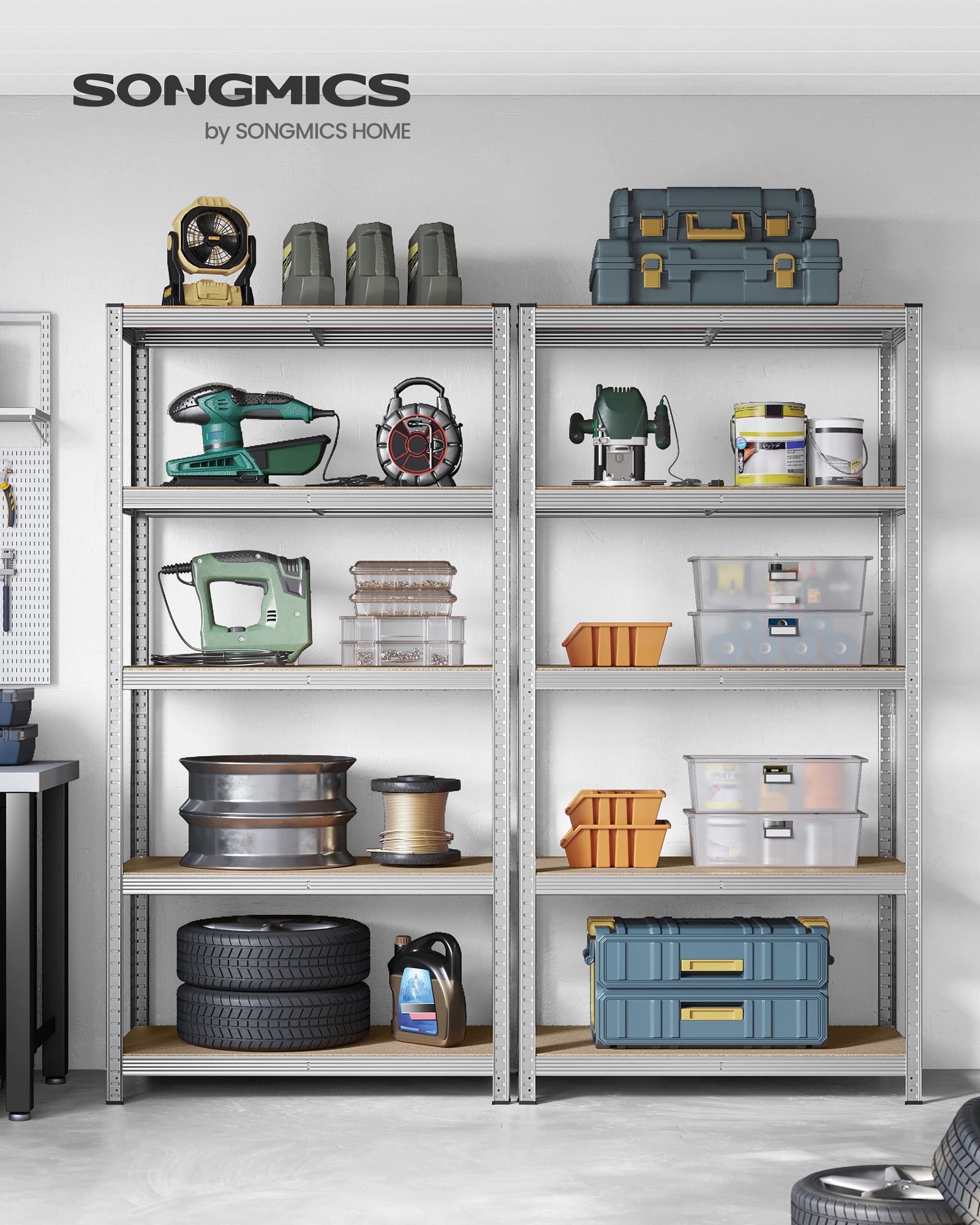 Förvaringshylla i industridesign med justerbara hyllplan