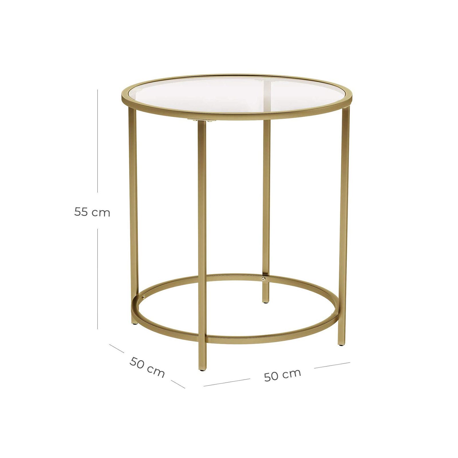 Elegant runt sidobord i guld med glasskiva, 50 cm