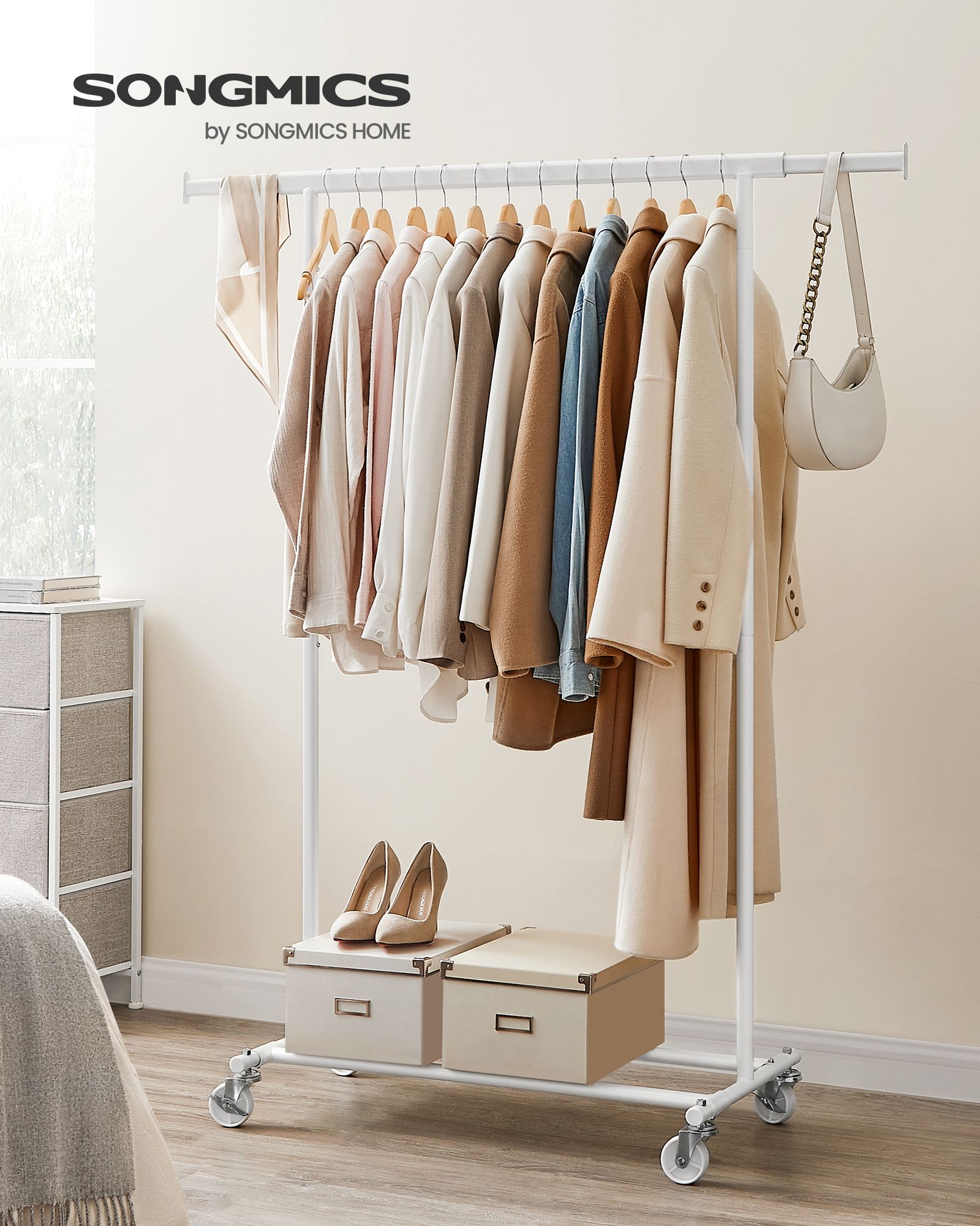 Klädställ på hjul med utdragbar klädstång – stabil konstruktion, max 90 kg, vit