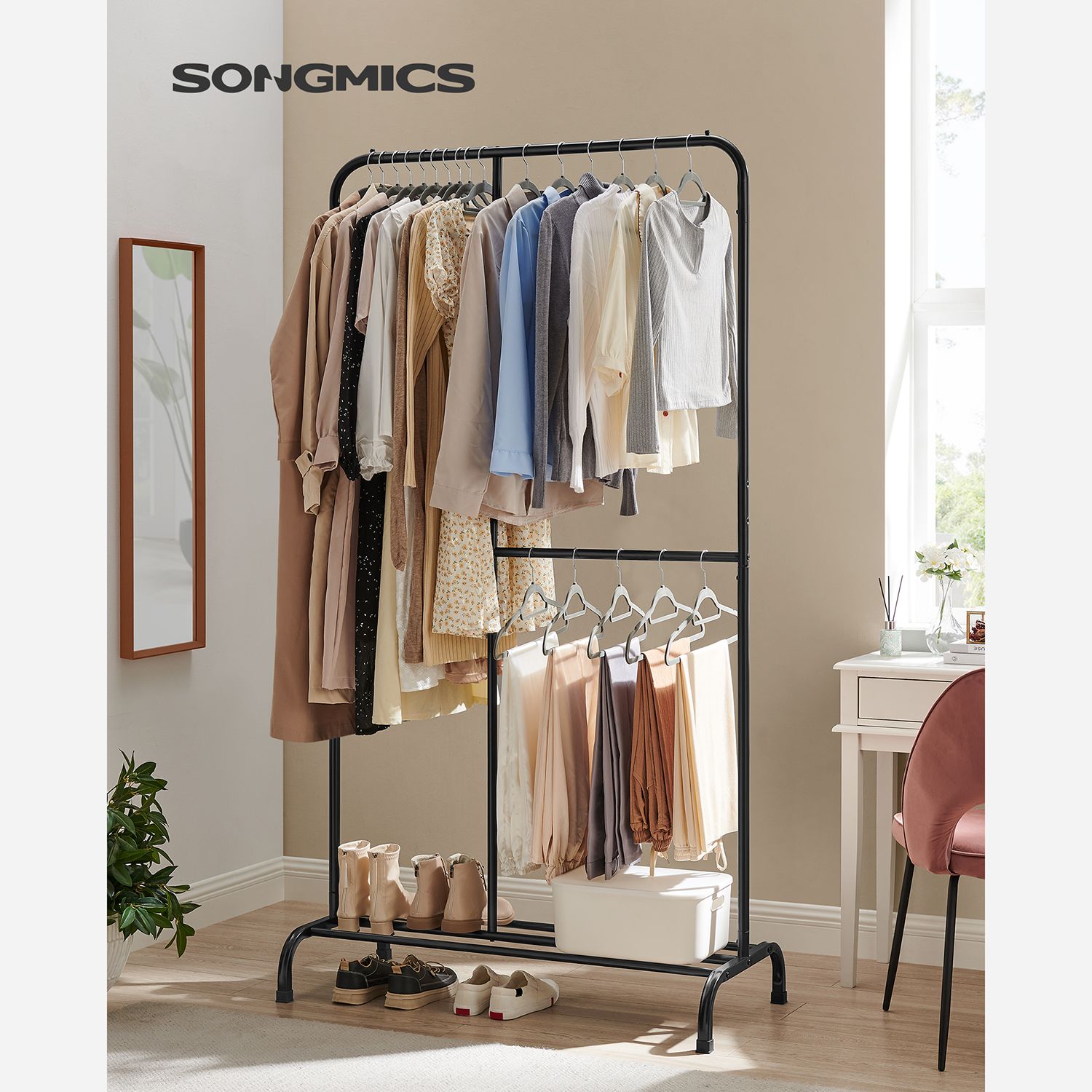 Dubbel klädstång med skoställ, svart metall – 105 x 50 x 195 cm
