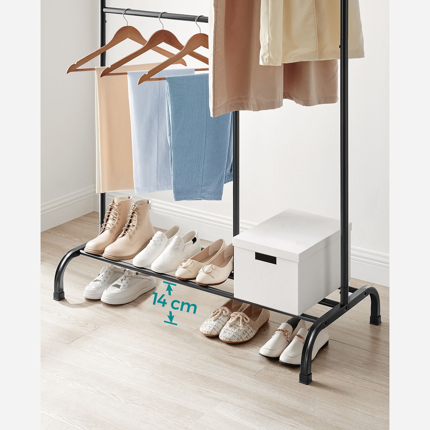 Dubbel klädstång med skoställ, svart metall – 105 x 50 x 195 cm