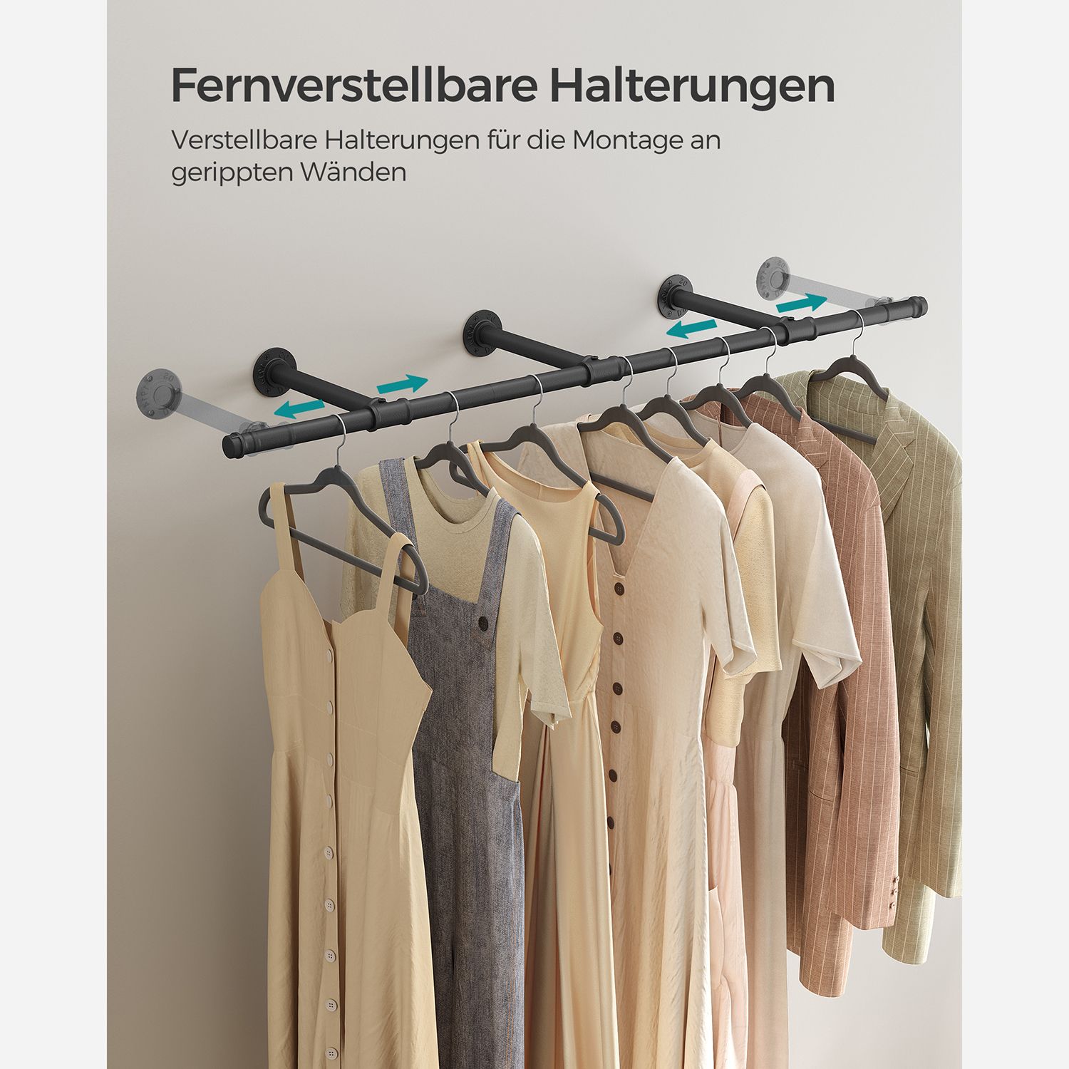 Väggmonterad klädstång 170 cm i metall – industriell design, max 68 kg