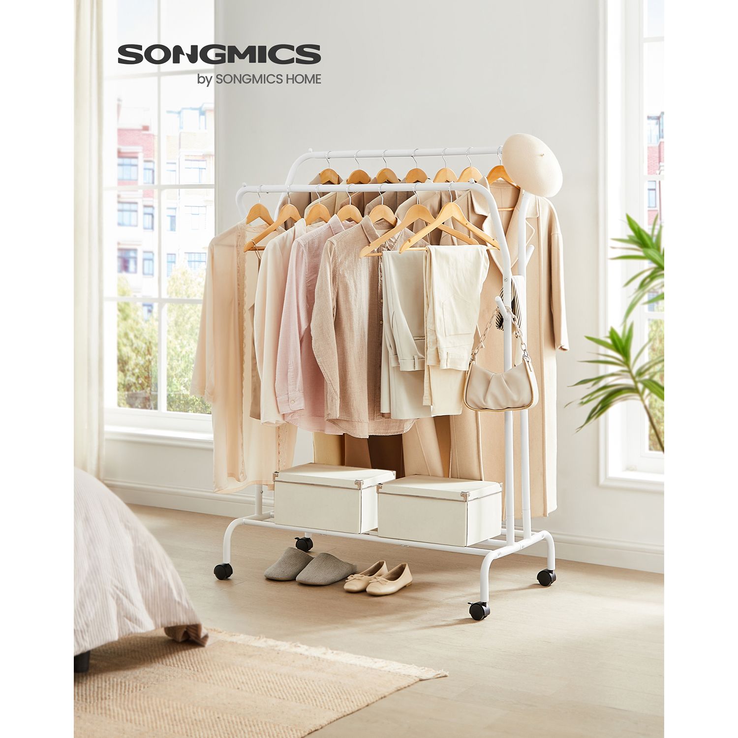 Rullbar klädhängare med dubbel stång, hög belastningskapacitet 100 kg – 103,5 × 52,5 × 155 cm