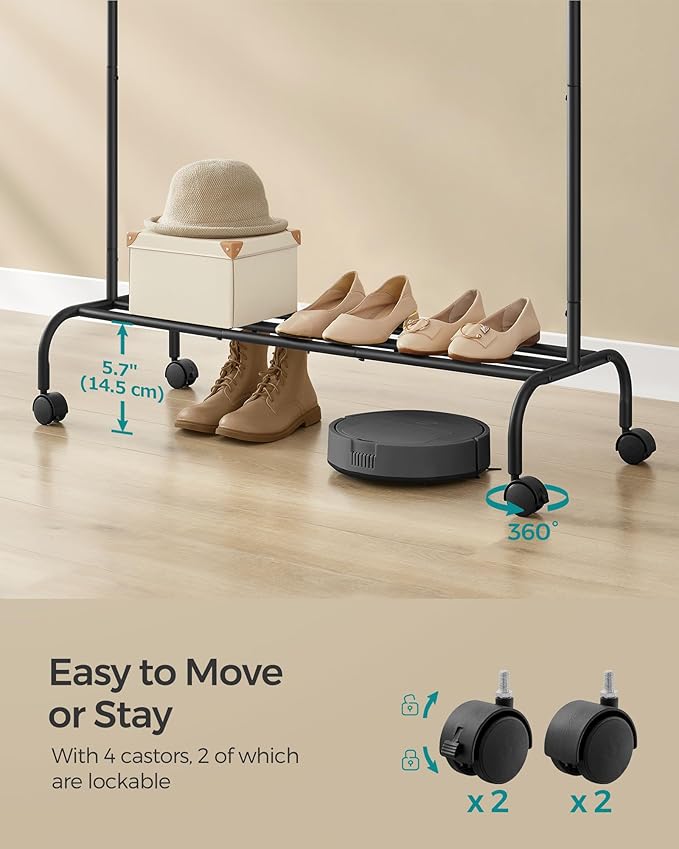 Svart klädställ på hjul med hylla & sidokrokar – 103 cm brett, max 50 kg