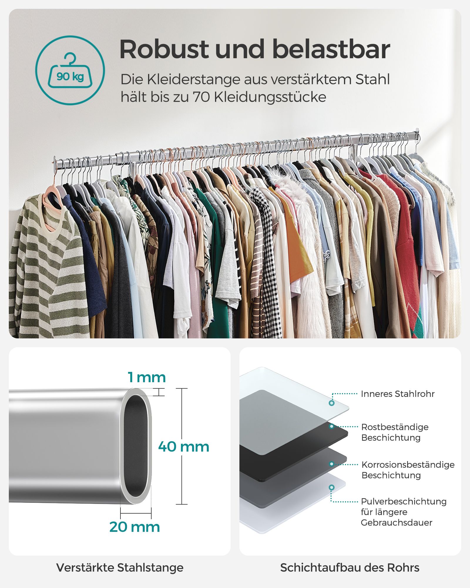 Rullbar klädställning i metall med utdragbar stång – max 90 kg