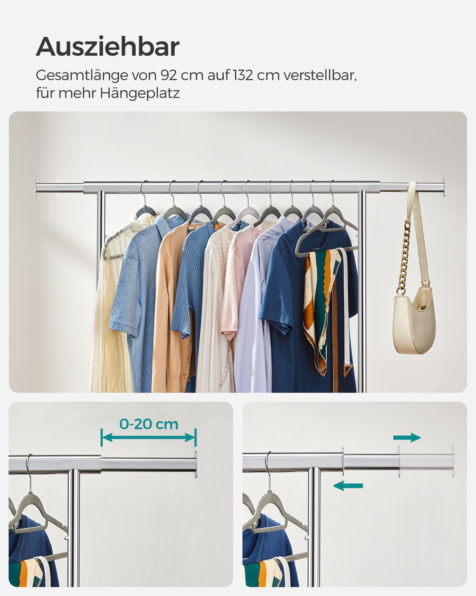 Rullbar klädställning i metall med utdragbar stång – max 90 kg