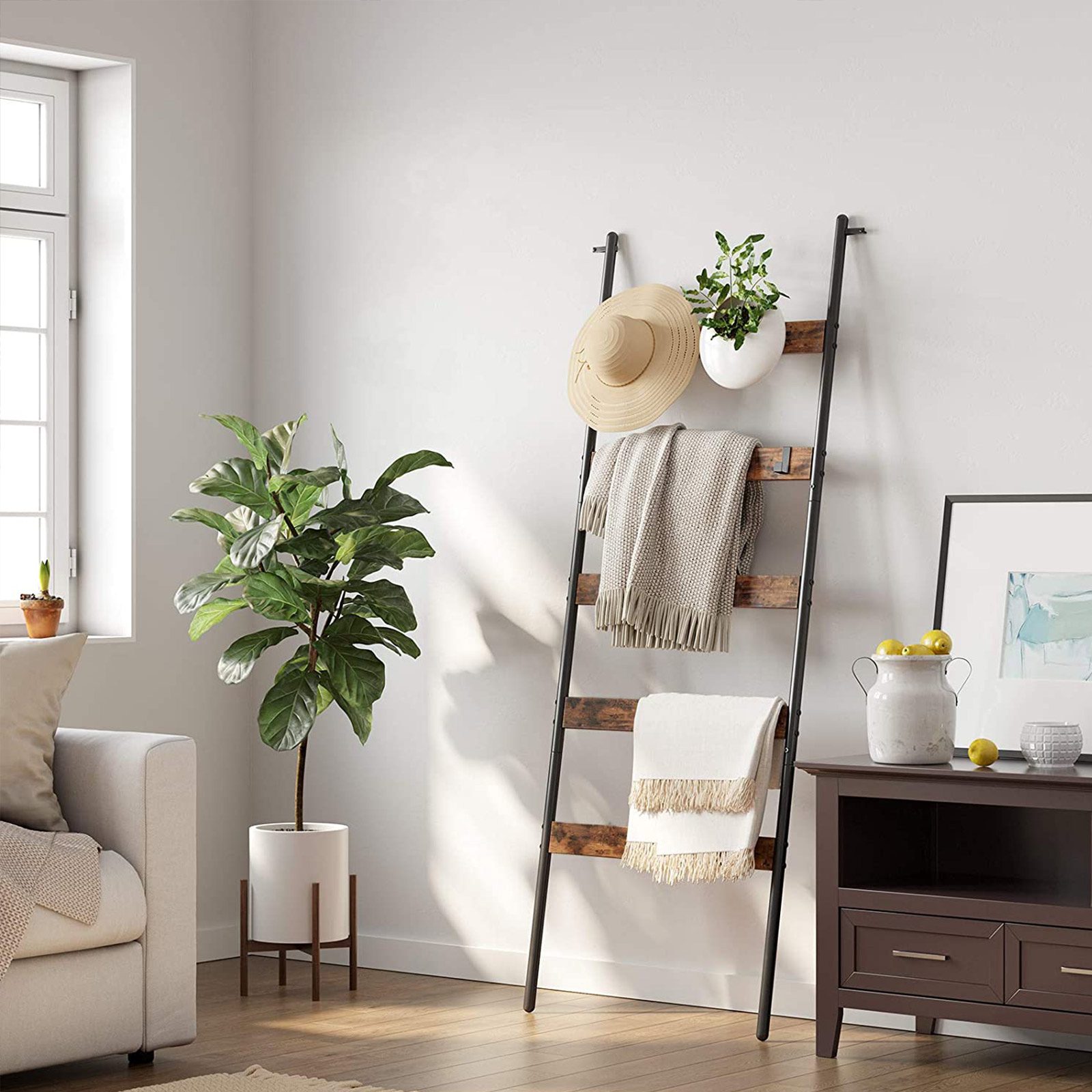 Handduksställ i stege-design med 4 krokar, brun-svart vintage, 65 × 178 cm