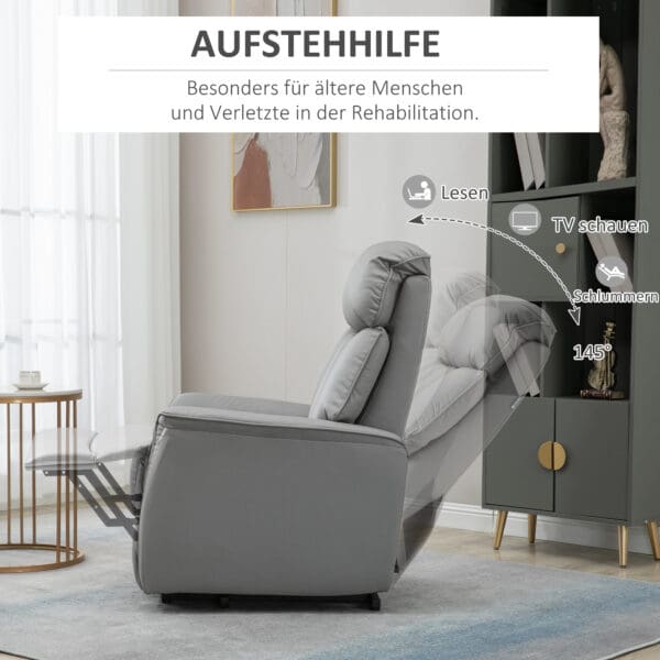 Elektrisk vilfåtölj med ståhjälp & lutningsfunktion – grå recliner i konstläder för seniorer - Bild 6