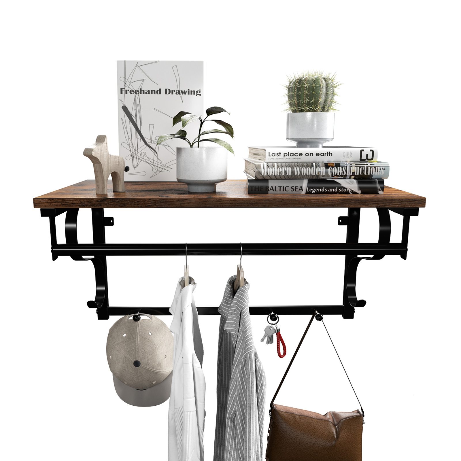 Vägghylla med klädhängare 66 × 30 cm – förvaringshylla