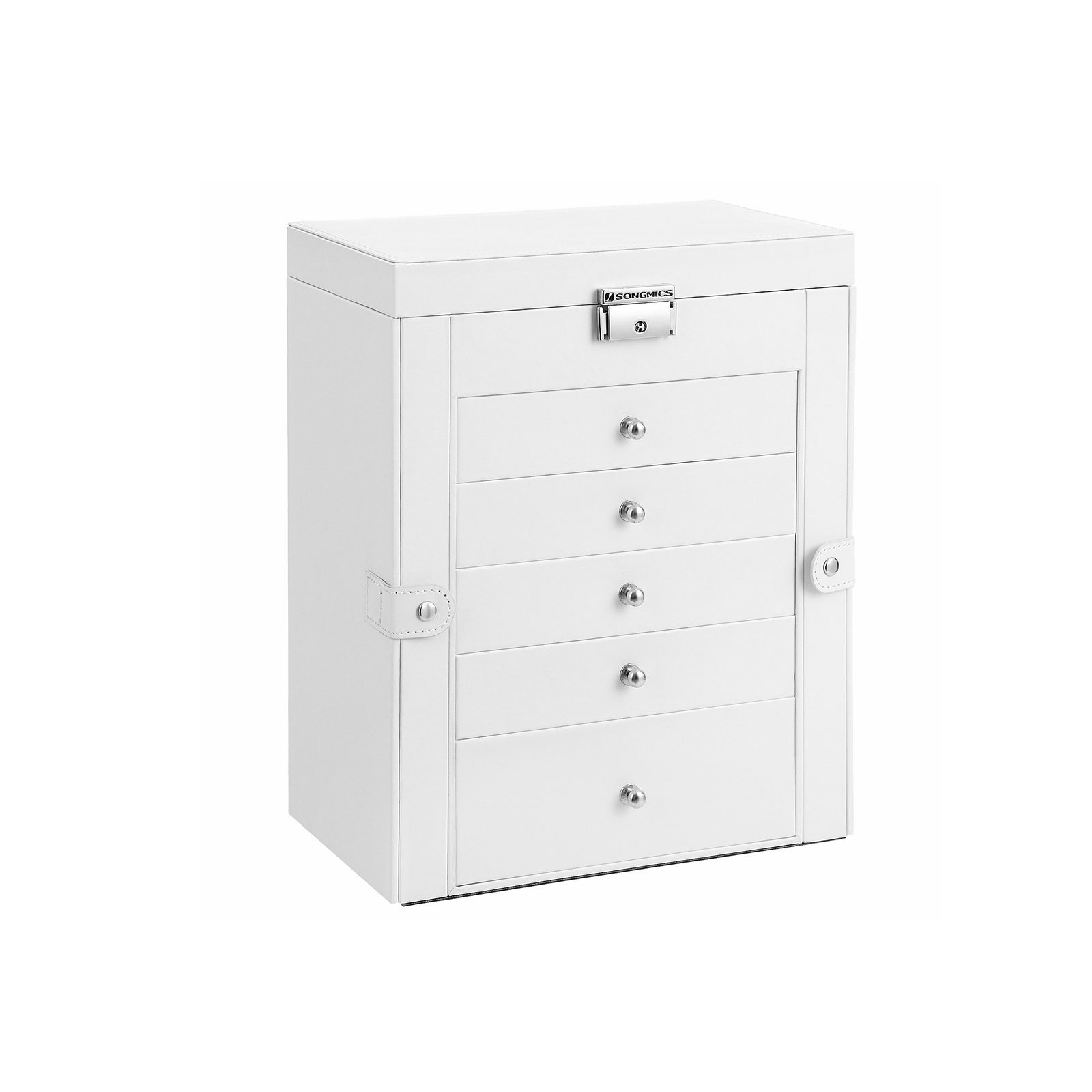 Smyckeskrin med sidovingar och låsbart lock – 6 våningar, spegel och lådor