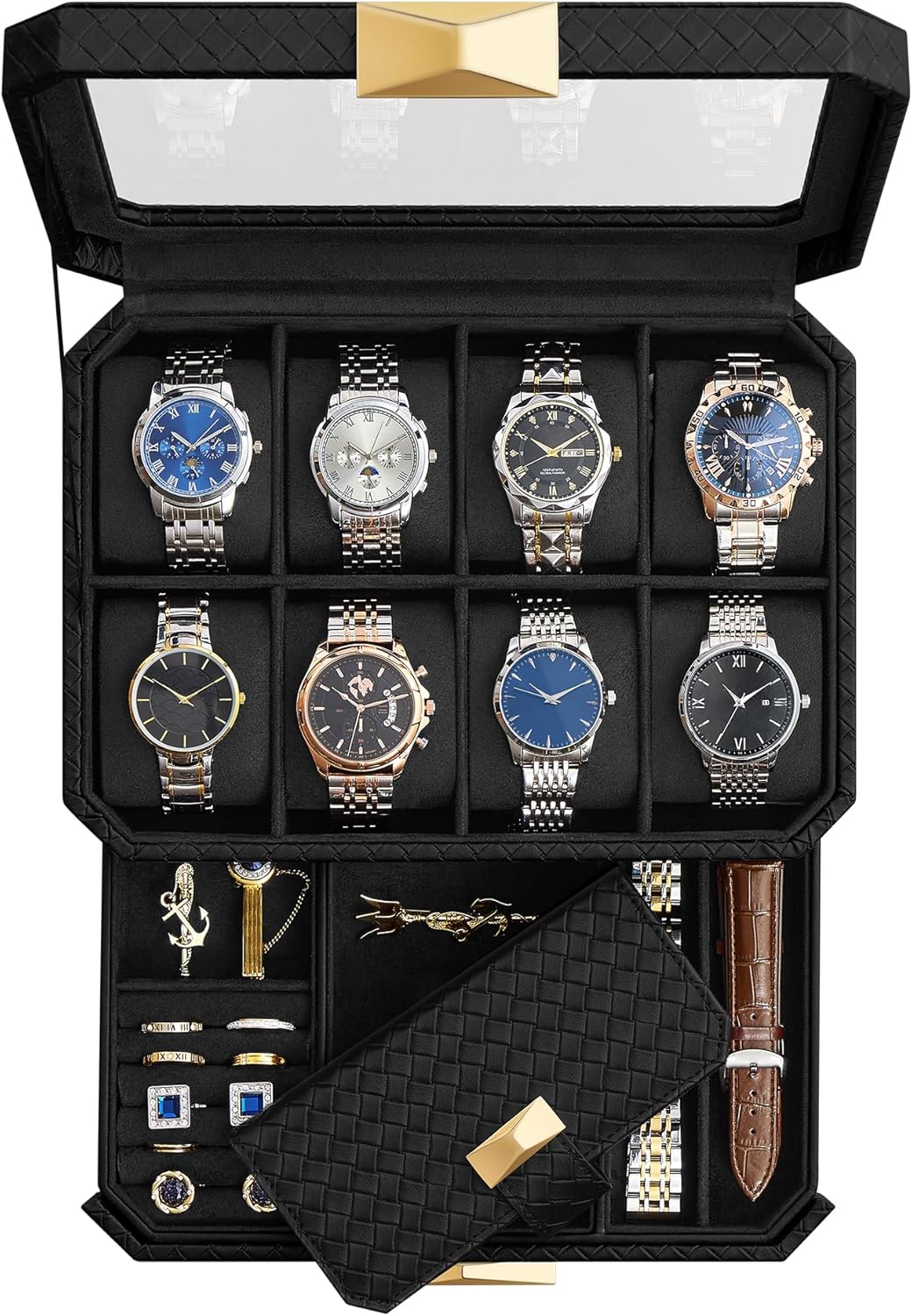 Klock- & smyckesbox med glaslock – 8 fack, 2 nivåer, lås, PU-läder bläcksvart, reseetui ingår