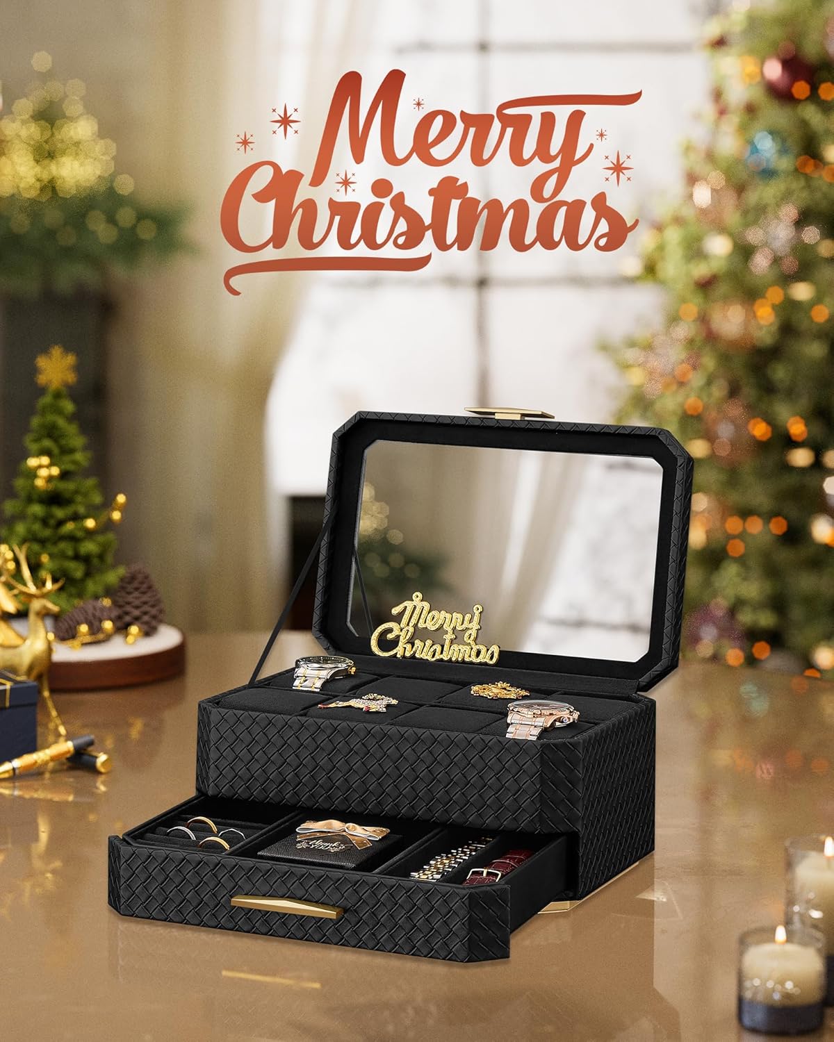 Klock- & smyckesbox med glaslock – 8 fack, 2 nivåer, lås, PU-läder bläcksvart, reseetui ingår