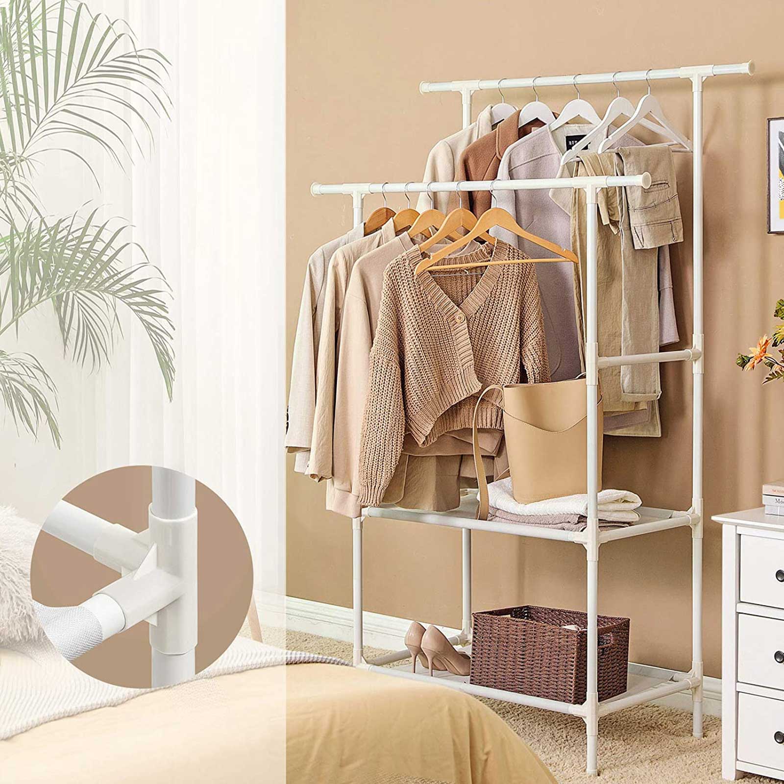 Dubbel klädställning i metall med förvaringshyllor, 70 kg kapacitet