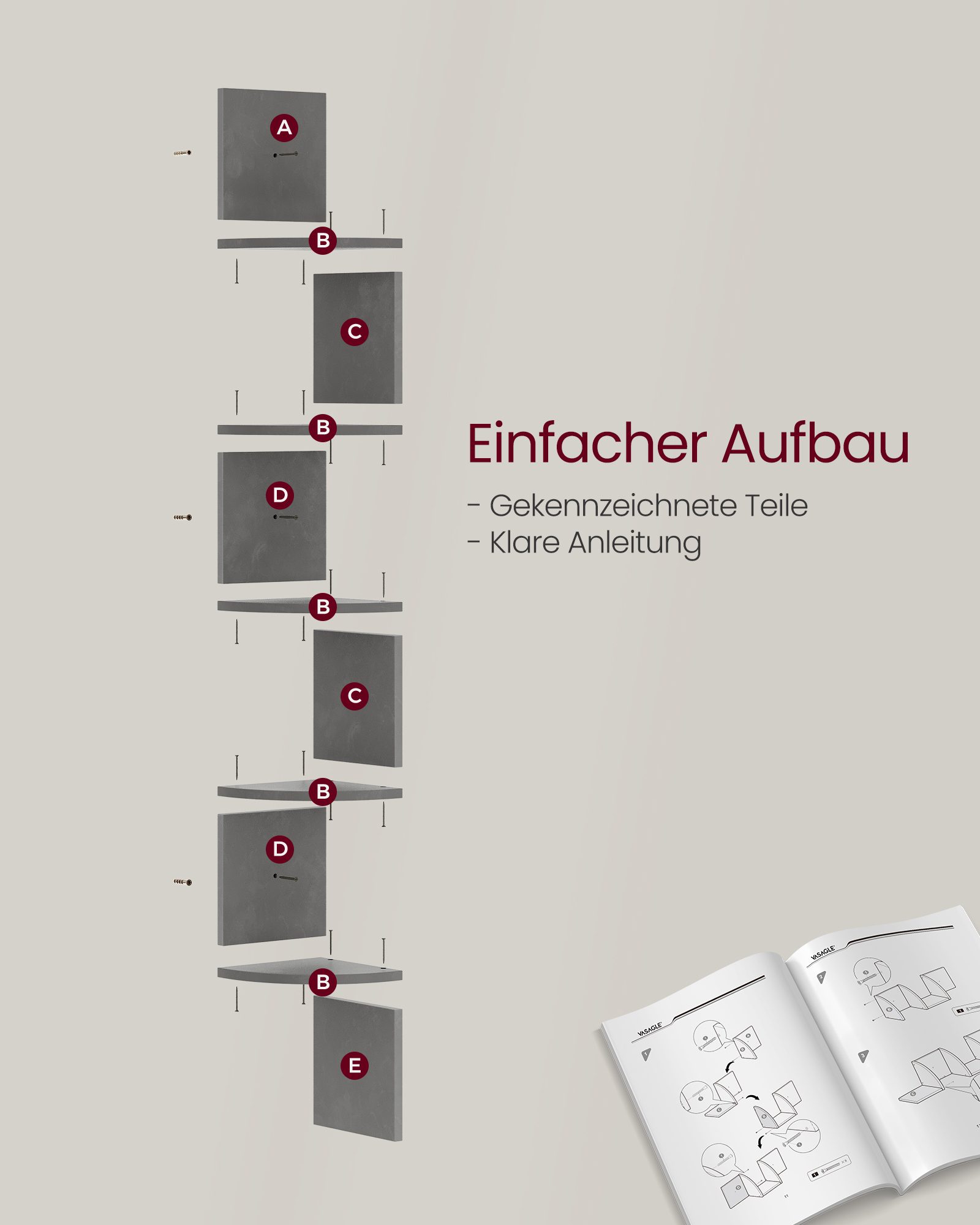 Sicksack hörnhylla för vägg, 5 våningar – grå, 20 × 20 × 126 cm