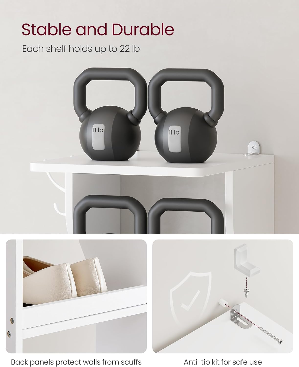 Vit skohylla i trä med 7 nivåer, 2 krokar, 30 × 26,4 × 110,4 cm