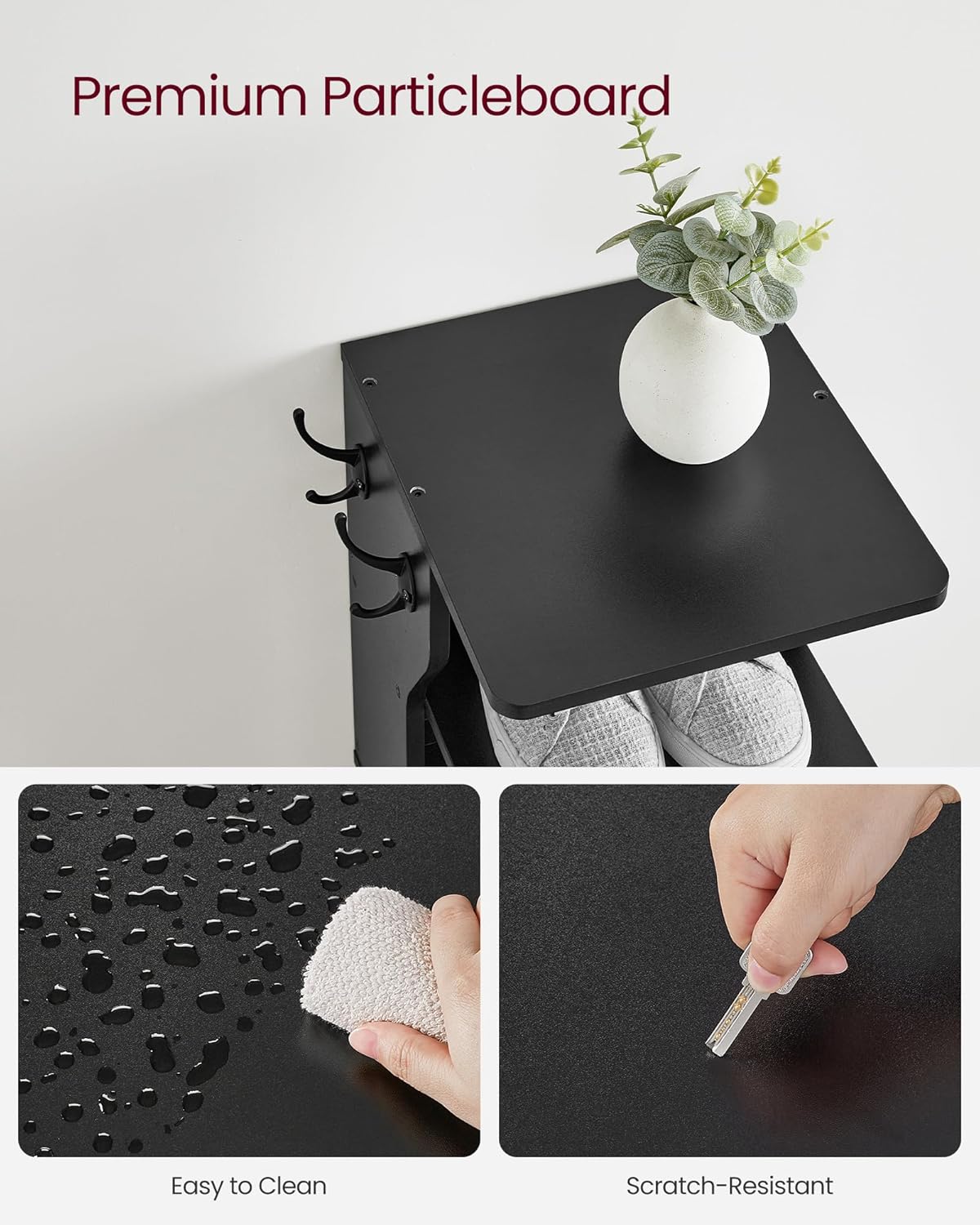 Svart skohylla i trä med 7 nivåer, 2 krokar, 30 × 26,4 × 110,4 cm